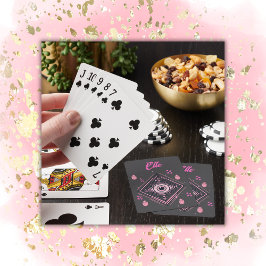 Hamsa Hand mit bösen Augen und Herz rosa auf grau Spielkarten