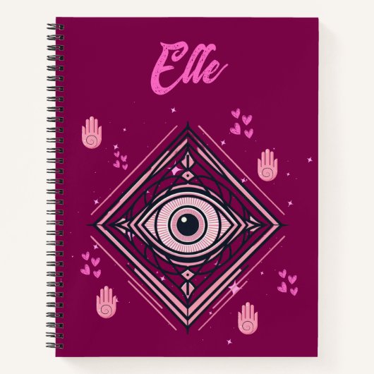 Hamsa Hand mit bösen Augen und Herz rosa auf Wein Notizblock (Vorderseite)