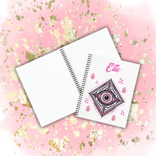 Hamsa Hand mit bösen Augen und Herz rosa auf weiß Notizblock