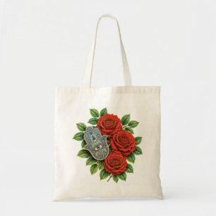 Hamsa-Hand mit roten Rosen und böser Auge-Blumenku Tragetasche