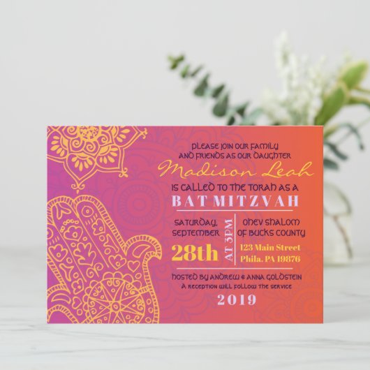 HAMSA HAND Red Orange Bat Mitzvah Einladung (Stehend Vorderseite)