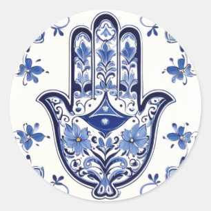 Hamsa-Hand-Symbol - Blaue und weiße Hand der Fatim Runder Aufkleber