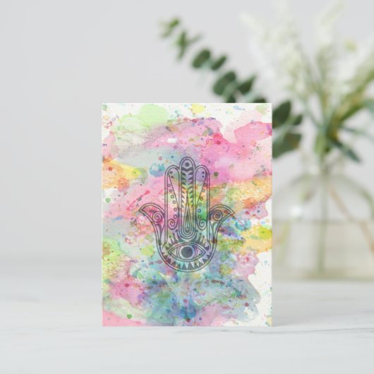 HAMSA Hand Symbol Farbige Wasserfarbe Postkarte (Stehend Vorderseite)
