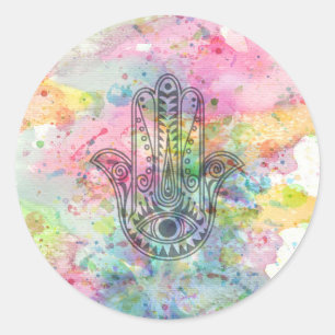 HAMSA Hand Symbol Farbige Wasserfarbe Runder Aufkleber