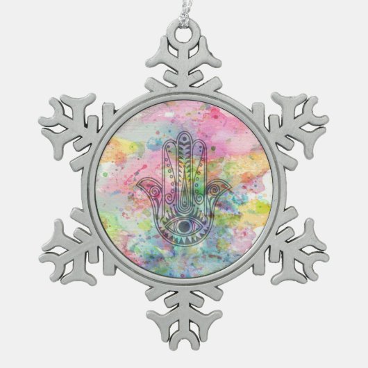 HAMSA Hand Symbol Farbige Wasserfarbe Schneeflocken Zinn-Ornament (Vorderseite)