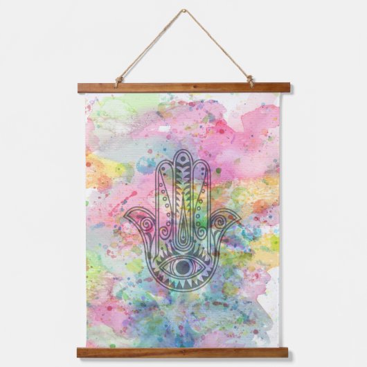 HAMSA Hand Symbol Farbige Wasserfarbe Wandteppich Mit Holzrahmen (Vorderseite)