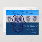 Hamsa Handfeat: Herz (Hochzeit) (blau) Ankündigungspostkarte (Vorne/Hinten)