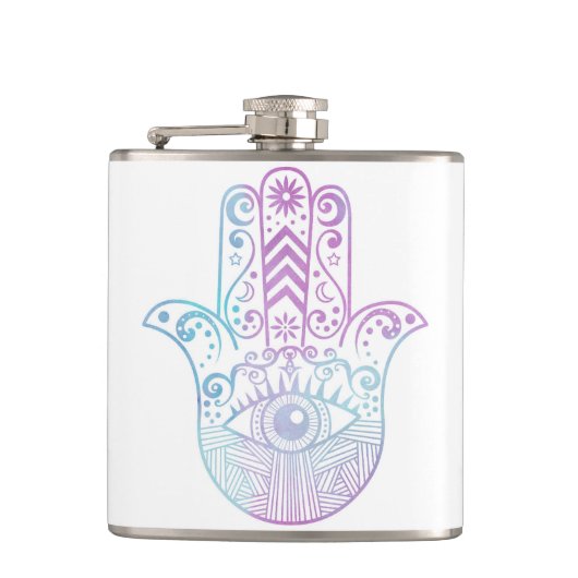 Hamsa Handlila und blauer Watercolor Flachmann (Vorderseite)