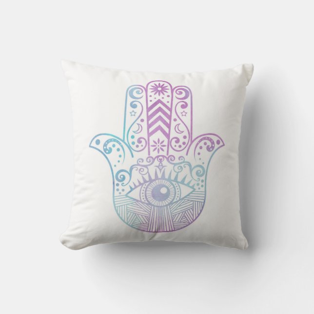 Hamsa Handlila und blauer Watercolor Kissen (Vorderseite)