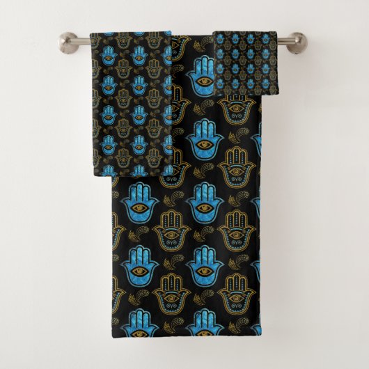 Hamsa Handmuster - Gold und blaues Glas Badhandtuch Set (Insitu)