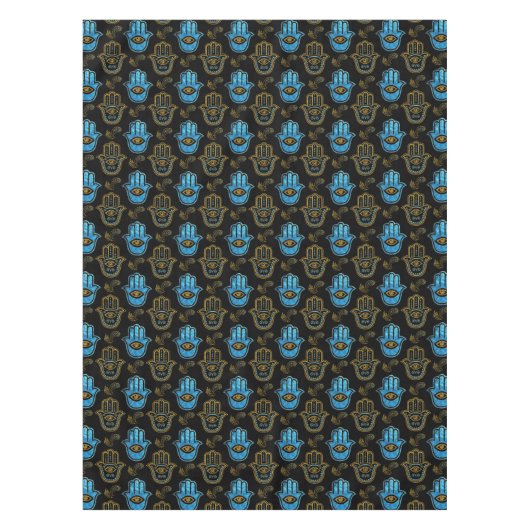 Hamsa Handmuster - Gold und blaues Glas Tischdecke (Vorderseite)
