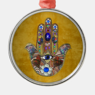 Hamsa Hearts Flowers Opal Kunst auf Gold Ornament Aus Metall