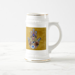 Hamsa-Herzen Blumen-Opal-Kunst auf Gold Bierglas