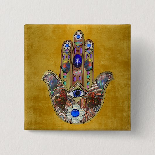 Hamsa-Herzen Blumen-Opal-Kunst auf Gold Button (Vorderseite)