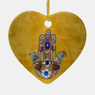 Hamsa-Herzen Blumen-Opal-Kunst auf Gold Keramik Ornament
