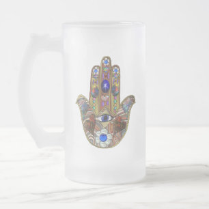 Hamsa-Herzen Blumen-Opal-Kunst auf Gold Mattglas Bierglas