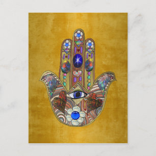 Hamsa-Herzen Blumen-Opal-Kunst auf Gold Postkarte