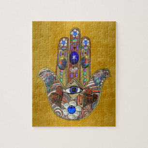 Hamsa-Herzen Blumen-Opal-Kunst auf Gold Puzzle