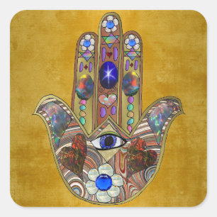 Hamsa-Herzen Blumen-Opal-Kunst auf Gold Quadratischer Aufkleber