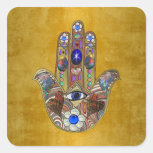 Hamsa-Herzen Blumen-Opal-Kunst auf Gold Quadratischer Aufkleber