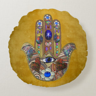 Hamsa-Herzen Blumen-Opal-Kunst auf Gold Rundes Kissen