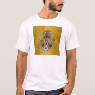 Hamsa-Herzen Blumen-Opal-Kunst auf Gold T-Shirt