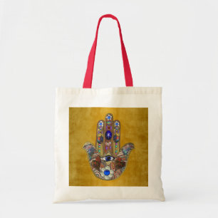 Hamsa-Herzen Blumen-Opal-Kunst auf Gold Tragetasche