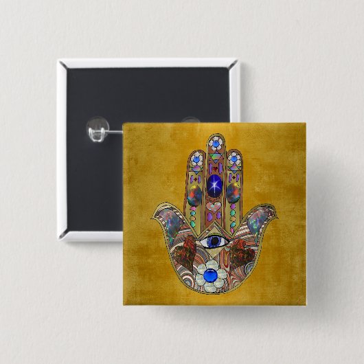 Hamsa Hört Blume Opal Art on Gold Button (Vorne & Hinten)