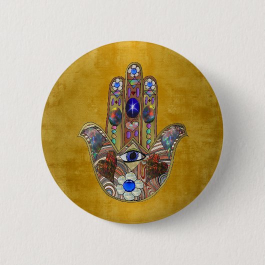 Hamsa Hört Blume Opal Art on Gold Button (Vorderseite)