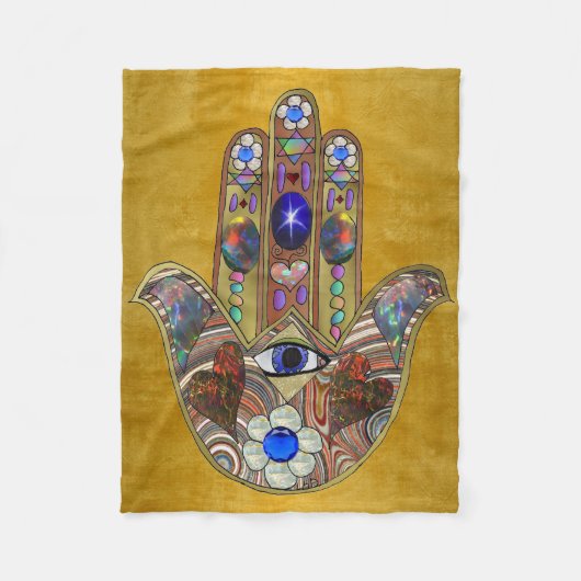Hamsa Hört Blume Opal Art on Gold Fleecedecke (Vorderseite)