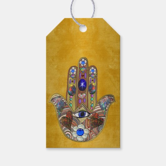 Hamsa Hört Blume Opal Art on Gold Geschenkanhänger (Vorderseite)