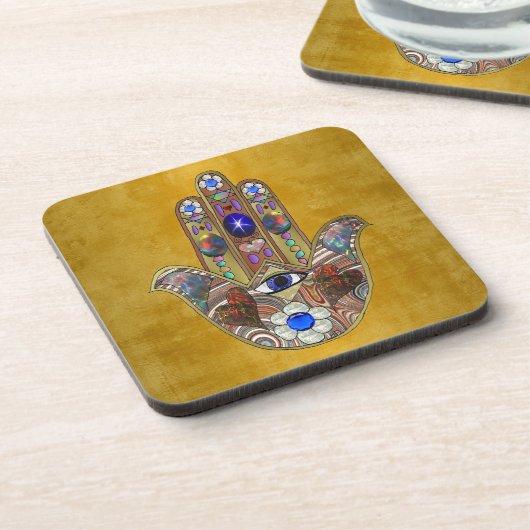 Hamsa Hört Blume Opal Art on Gold Getränkeuntersetzer (Linke Seite)