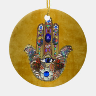 Hamsa Hört Blume Opal Art on Gold Keramikornament