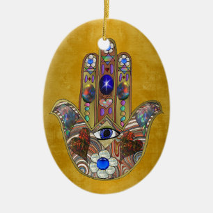 Hamsa Hört Blume Opal Art on Gold Keramikornament