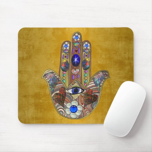 Hamsa Hört Blume Opal Art on Gold Mousepad (Mit Mouse)