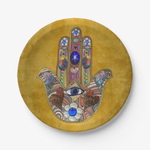 Hamsa Hört Blume Opal Art on Gold Pappteller