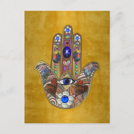Hamsa Hört Blume Opal Art on Gold Postkarte (Vorderseite)