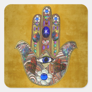 Hamsa Hört Blume Opal Art on Gold Quadratischer Aufkleber