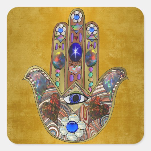 Hamsa Hört Blume Opal Art on Gold Quadratischer Aufkleber (Vorderseite)