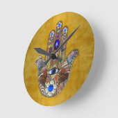 Hamsa Hört Blume Opal Art on Gold Runde Wanduhr (Winkel)