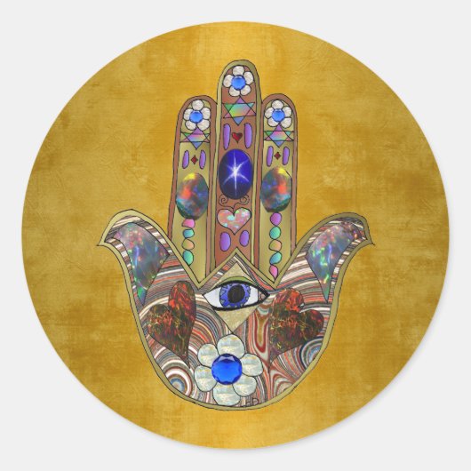 Hamsa Hört Blume Opal Art on Gold Runder Aufkleber (Vorderseite)