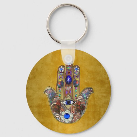 Hamsa Hört Blume Opal Art on Gold Schlüsselanhänger (Vorderseite)