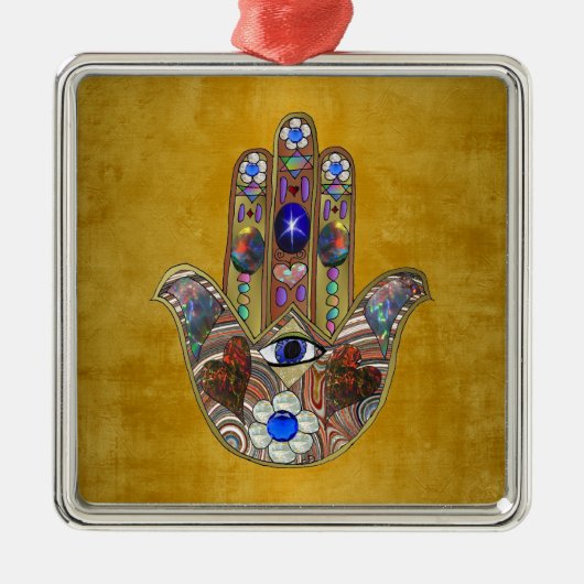 Hamsa Hört Blume Opal Art on Gold Silbernes Ornament (Vorne)