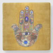 Hamsa Hört Blume Opal Art on Gold Steinuntersetzer (Vorderseite)