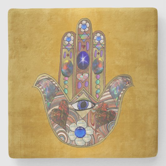 Hamsa Hört Blume Opal Art on Gold Steinuntersetzer (Vorderseite)