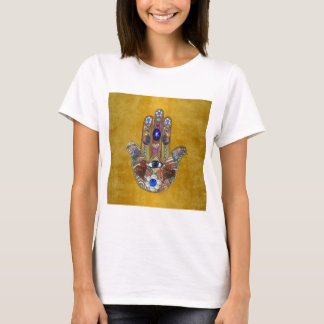 Hamsa Hört Blume Opal Art on Gold T-Shirt