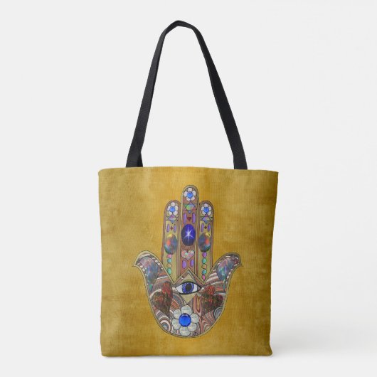 Hamsa Hört Blume Opal Art on Gold Tasche (Rückseite)