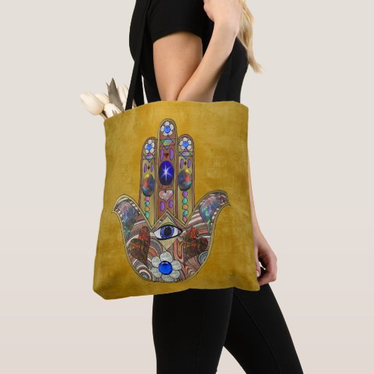 Hamsa Hört Blume Opal Art on Gold Tasche (Von Nahem)