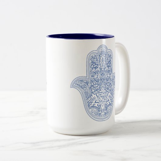 Hamsa Tasse - Blau & Weiß - Judaika Geschenke (VorderseiteRechts)
