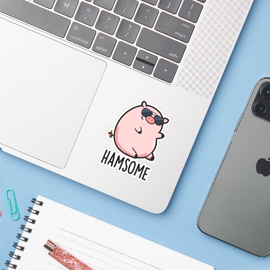 Hamsome Funny Pig Pun Aufkleber (Laptop mit iPhone)